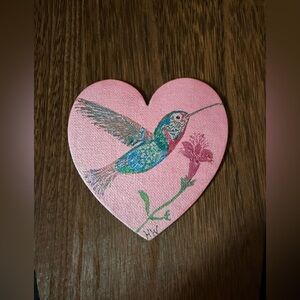 Hand Crafted Pink Heart magnet with Colorful Hummingbird